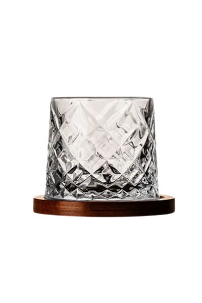 OEM Pahar pentru whisky, model diamant, cu baza din lemn, transparent, din sticla, 11 x 9.2 x 8 cm