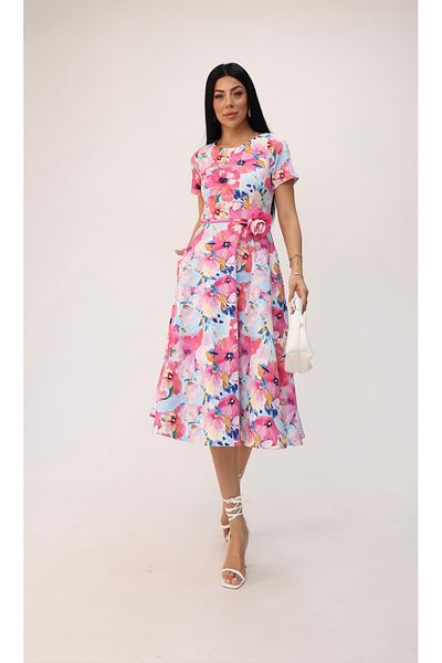 Koza Butik Γυναικείο κοντομάνικο φλοράλ στάμπα φόρεμα με λεπτομέρεια με κορδόνια 5316-25