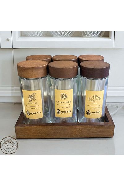 ENYAZA(2024) Set of 6 Acacia Glass Spice Shakers with Lid and Stand - Salt Shaker and Pepper Shaker with Labels Spice Set 120 m