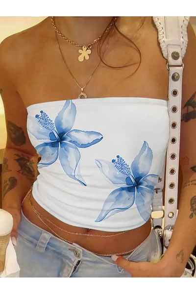 npLStore Women's Hawaiian Double Flower Printed New Season Breathable Cotton Crop Bustier