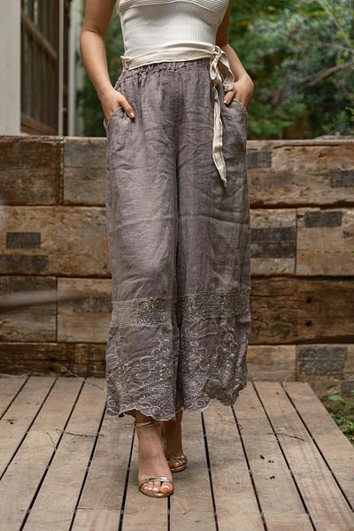 Miss Boheme Gray Color Embroidered Leg Linen Trousers with Sequin Detail