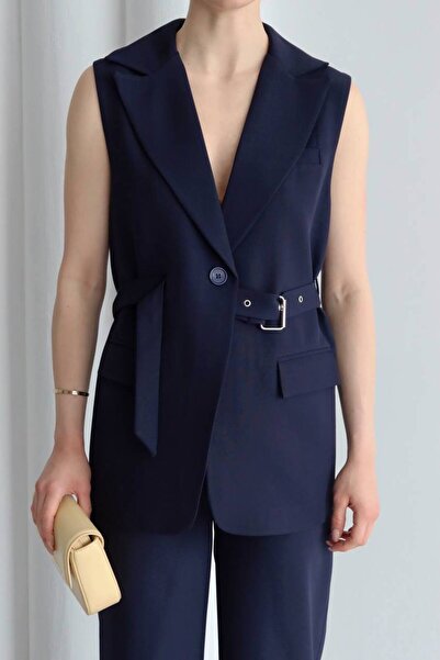 VESS MODA سترة نسائية بنطلون بدلة مزدوجة سترة مع حزام مفصل