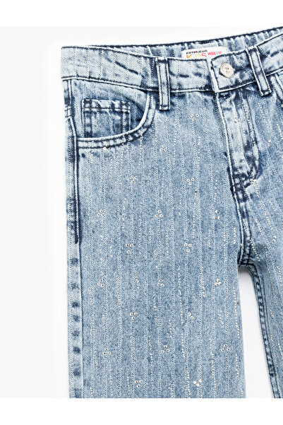 Koton Cotton Pocket Detailed Striped Wide Leg Glitter Denim Trousers