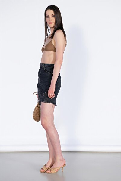 BPF Anthracite High Waist Laser Detail Mini Denim Skirt