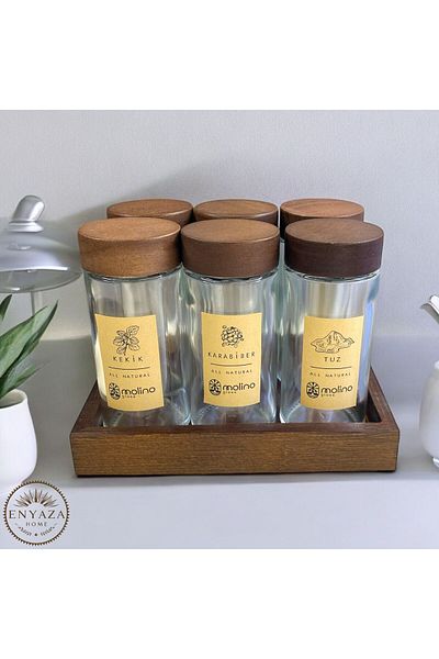 ENYAZA(2024) Set of 6 Acacia Glass Spice Shakers with Lid and Stand - Salt Shaker and Pepper Shaker with Labels Spice Set 120 m