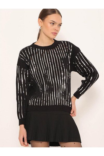 Coral Sequin Crew Neck - Black Short Sweater