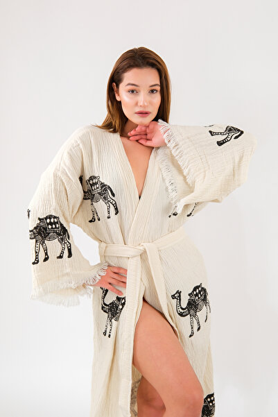 Befera Design Müslin Kimono %100 Pamuklu Deve Baskılı Desenli Bornoz Kaftan S...