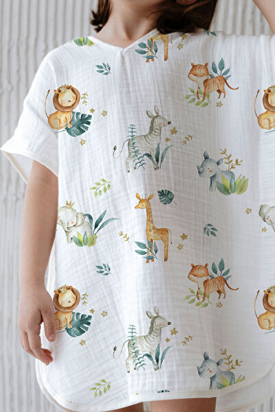 Tuğba Kuğu 4 Layer Muslin Poncho - Safari Animals