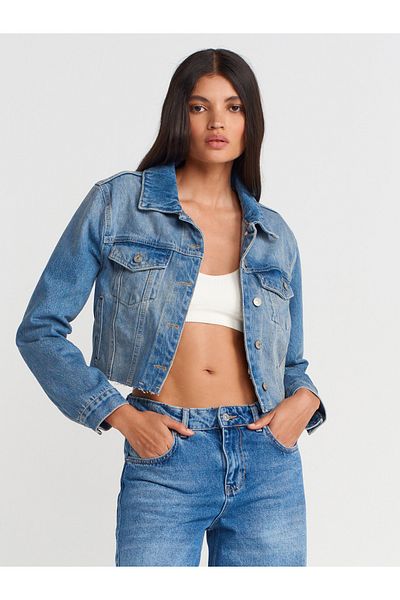 Dilvin 65366 Jachetă de blugi crop cu buzunare din flanel-albastru