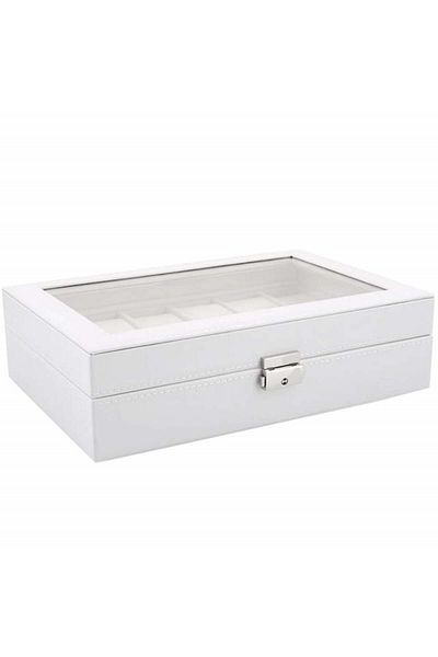 PUFO Elegant storage box with compartments for 12 watches, Pufo Premium model with key, white