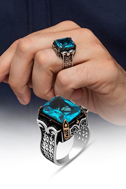 ALYANSEVİM Aqua Mavi Taşlı Kare 925 Gümüş Erkek Yüzük