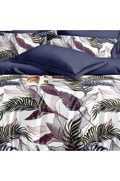 Pucioasa Double bed linen made of fine linen, duvet cover 200 x 220 cm, set of 6 pieces, Tropical Leaves Bleumar