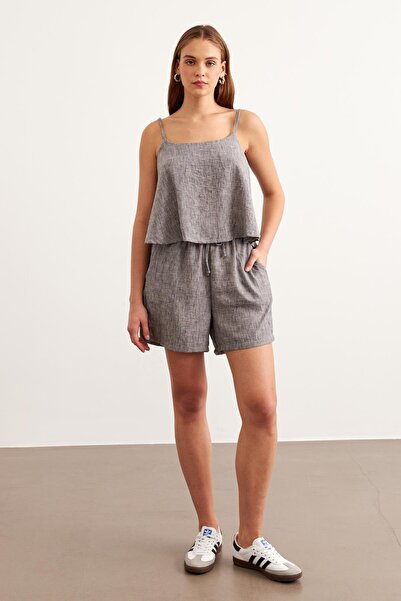 LEVURE Strappy Linen Crop Blouse Gray