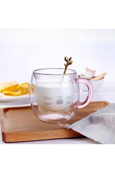 OEM Cana Pink Cat, cu pereti dubli, transparent, 9 x 8.5 cm, confortabil si usor de manevrat, 250 ml