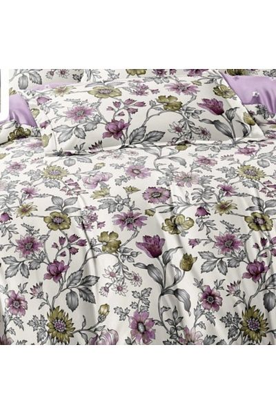 Pucioasa Double bed linen made of satin finet, duvet cover 200x220cm, 6-piece set, purple flowers