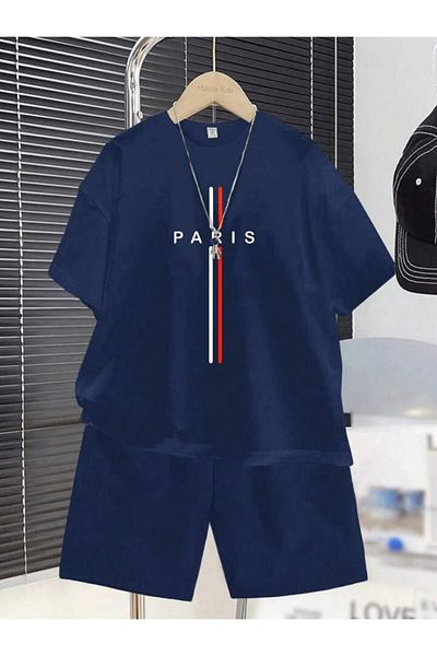 vinraus Girl\Boy Navy Blue Paris Printed Combed Cotton Shorts-Tshirt Set