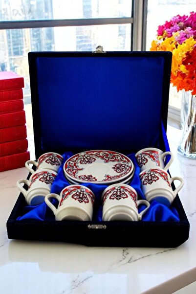 e-meta Kütahya 6'lı Kahve Fincan Takımı (12 Parça)-Kadife Hediye Kutusuyla-Öz...