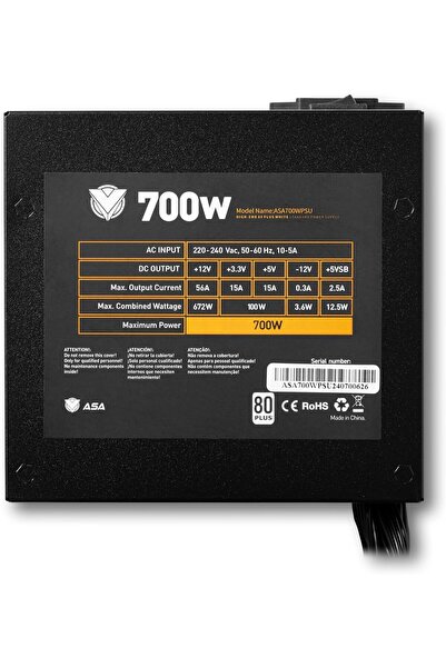 ASA 700W Power Supply - 80 Plus White, Low Noise, Sleeved Cables, ATX, Non-Modular, Black