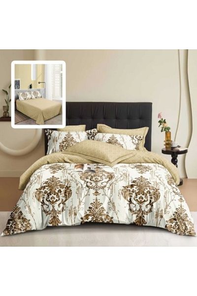 Pucioasa Lenjerie de pat dublu din finet, cearceaf pilota 200x220cm, set 6 piese, baroc Crem/Maro