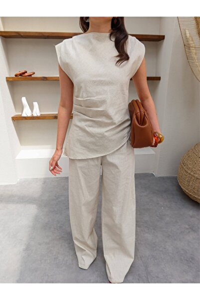 ESRAHELVACI Asimetrik Bluz Keten Pantolon Takım