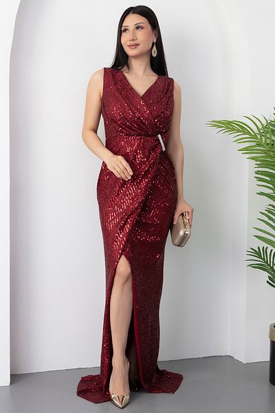 PULLIMM Wrap Collar Zero Sleeve Buckle Pulpayet Evening Dress 13462