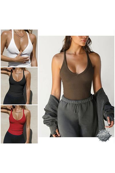 KİM Kİ O Women's V-Neck Knit Tank Top Solid Color Slim Fit Multix