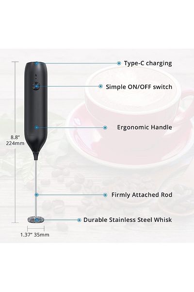 COOYA Rechargeable Electric Foam Maker, With Stainless Steel Stirring Head, Durable Mini Hand Mixer, Black