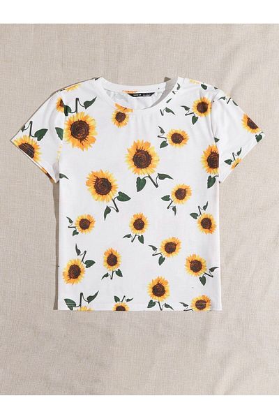 PENTHİLUS Short Sleeve Floral Print T-Shirt, Elegant Round Neck Flower Blouse for Women, Graphic