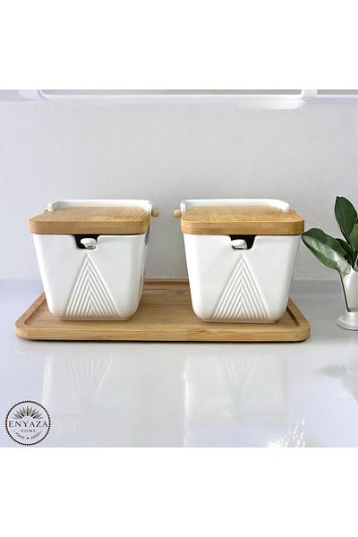 ENYAZA(2024) Bamboo Lid Porcelain Spoon 2-Piece Salt Shaker Pepper Shaker with Bamboo Stand 300 Ml(Cmr)