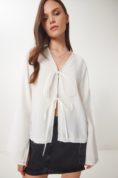 Lovelyİstanbul Contrast Striped Tie-Up Summer Blouse Ecru Lbv0060