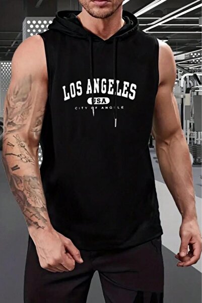 NO 601 Erkek Kapşonlu Kolsuz The Work Baskılı Atlet Tshirt