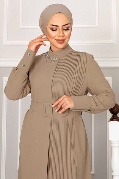 EBRUTESETTÜR Pleated Hijab Dress with Stones on the Collar