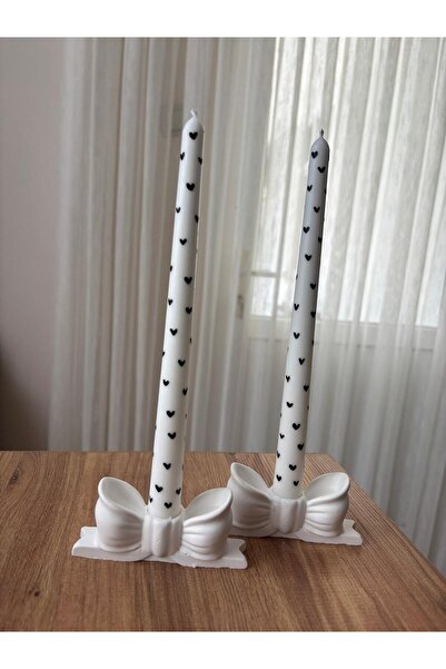 flame candle 4 Parça, Fiyonk Şamdanlık Ve Siyah Kalpli Şamdan Mumu , Amber Kokulu Mum