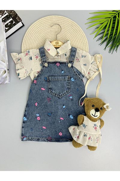 mislina kids Fiorie Girl's Gilet Suit |   Floral Patterned Shirt + Denim Dress + Teddy Bear Bag (2-5 Years)