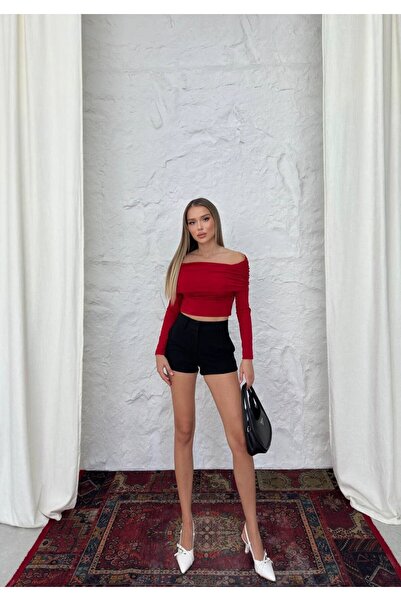 Genel Markalar Dalgıç Kumaş Madonna Yaka Büzgülü Kadın Crop Bluz