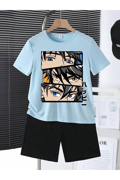 vinraus Girl\Boy Baby Blue-Black Anime Squares Printed Combed Cotton Shorts-Tshirt Set