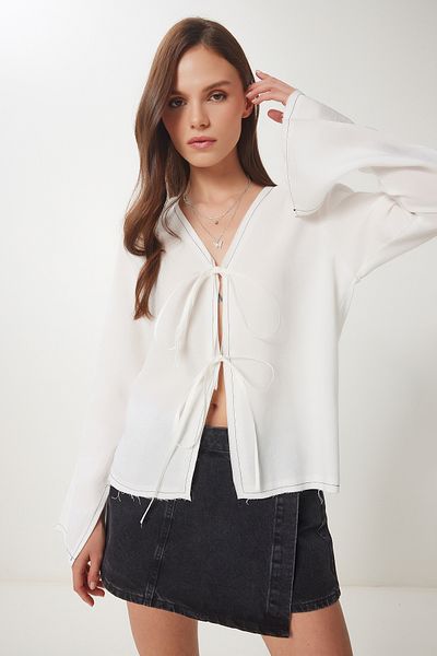 Lovelyİstanbul Contrast Striped Tie-Up Summer Blouse Ecru Lbv0060