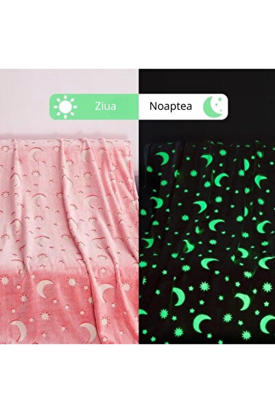 OEM Pink glow-in-the-dark moon blanket, soft flannel 130x150 cm, fluffy blanket with stars