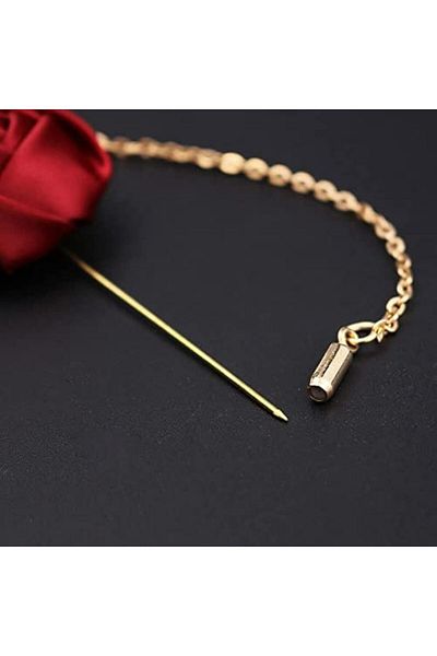 fulina Men's handmade gold foil brooch with red rose flower and metal chain,for suits and weddings
