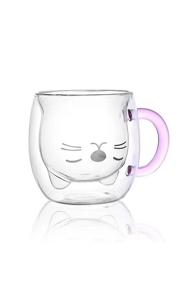 OEM Cana Pink Cat, cu pereti dubli, transparent, 9 x 8.5 cm, confortabil si usor de manevrat, 250 ml