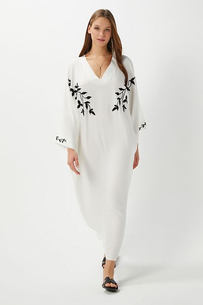 Ritnice Modest Women's Glowy Embroidered Ecru 100% Viscose Pocket Wide Cut Long Summer Dress