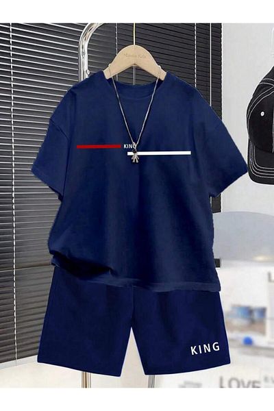 vinraus Girl\Boy Navy Blue King Printed Combed Cotton Shorts-Tshirt Set
