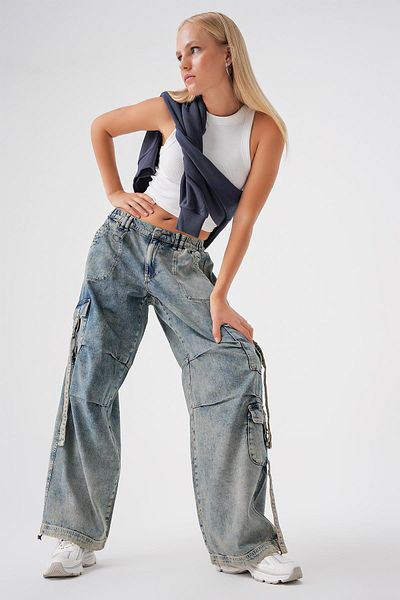 BPF Blue Vintage Washed Cargo Pocket Low Waist Loose Loose Cut Jean