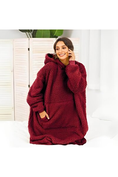 OEM Blanket with sleeves, type Hoodie with hood and pocket, Flannel 250g/sqm, 135 cm, Red, with elastic cuffs