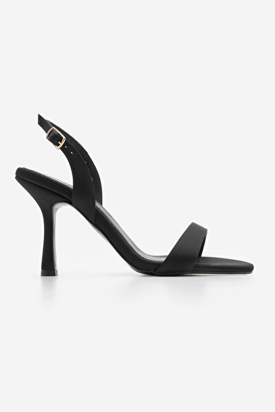 Marjin Dámské sandály s oválnou špičkou - Faldi černý saténový pásek ke kotníku na podpatku