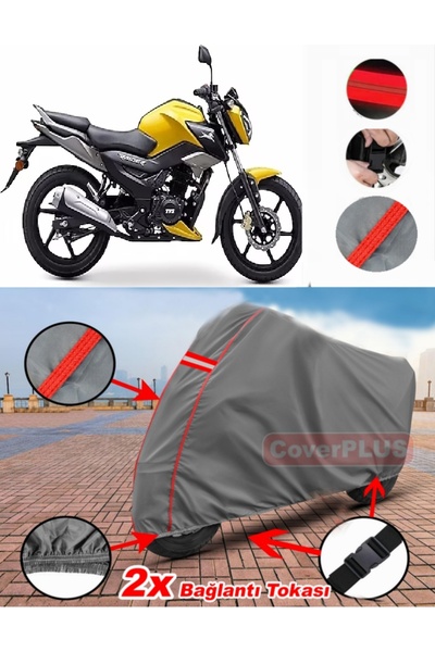 CoverPlus TVS Raider 125 Branda Motor Brandası Motorsiklet Örtüsü Çadır Kırmızı Dikişli Gri