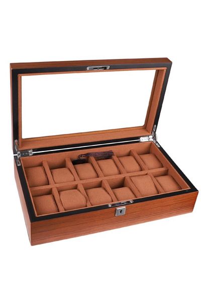 PUFO Wooden Box For Storing And Organizing 12 Watches, Elite Edition Model, With Key, Brown