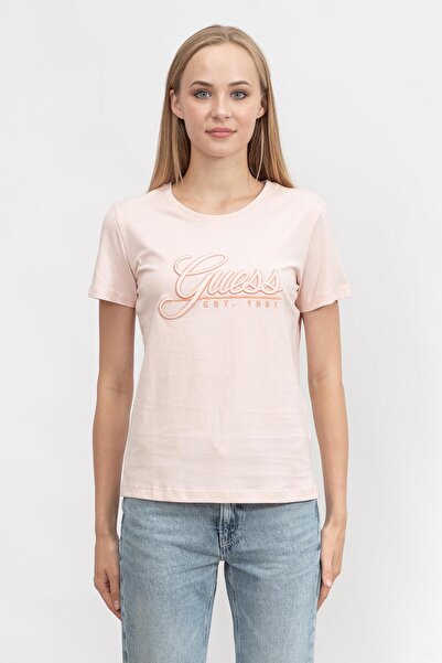 Guess Tricou de damă Ss Rn Script cu guler rotund