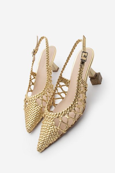 Marjin Damen-Stiletto-Schuhe – spitze Zehen, handgestrickte Slingback-Absätze, Elvina Gold