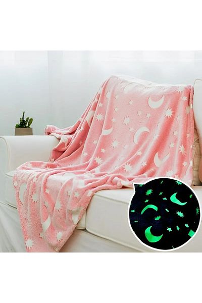 OEM Pink glow-in-the-dark moon blanket, soft flannel 130x150 cm, fluffy blanket with stars